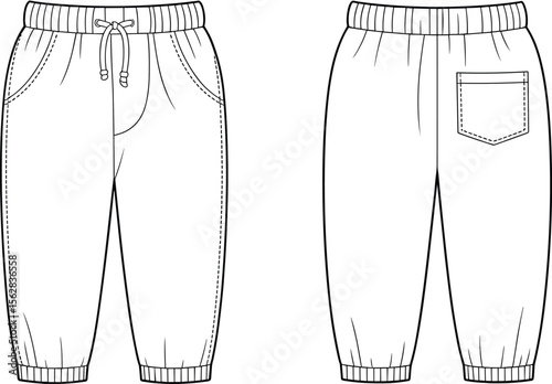 Front and back view technical flat sketch vector illustration of elastic waist jogger pants with pockets, drawstring, cuffs, fashion CAD design