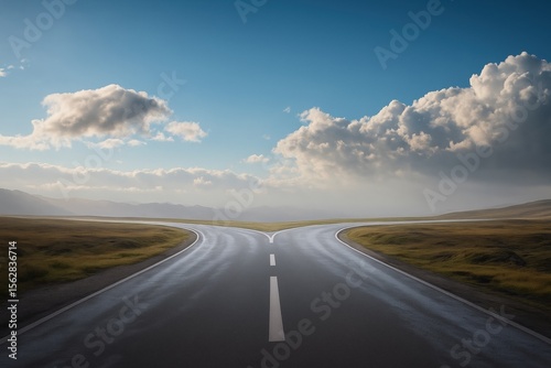 Fork in the Road: A captivating visual narrative unfolds as a road splits, offering two distinct paths under a dynamic sky, inviting contemplation and evoking a sense of journey and decision. 