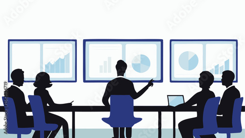 A business meeting with presentation of charts and graphs on screens and people sitting around table