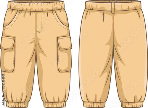 Beige cargo pants for kids with elastic waistband and multiple pockets, stylish comfortable clothing design, outdoor fashion wear template illustration