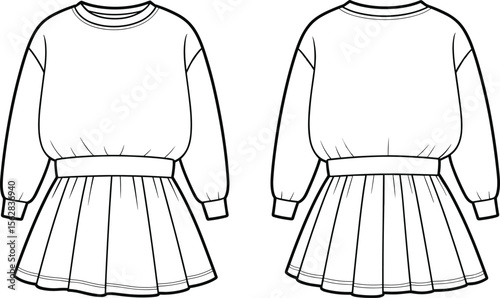 Girls casual long sleeve gathered waist dress flat sketch technical fashion CAD drawing vector template front and back view design