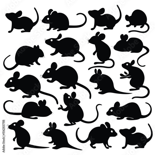 Whimsical silhouettes of rodents showcase mouse drawings for creative designs and playful patterns on a bright background.