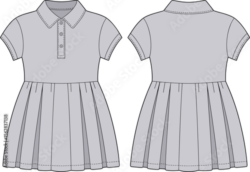Girls pink polo dress with pleated skirt and button collar, stylish comfortable kidswear, casual and formal fashion clothing design template