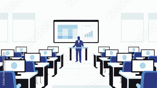 Instructor giving a presentation in a computer lab with desktops and a screen showing charts and graphs