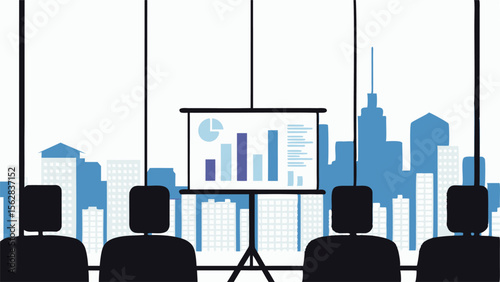 Presentation in a conference room with a cityscape view and audience silhouettes sitting down front