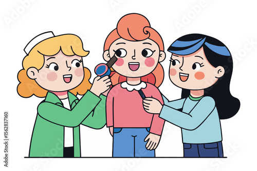 Makeup Fun: A vibrant illustration captures three cheerful friends as they experiment with makeup, magnifying glass. This fun, illustrative image captures friendship, joy, and playful experimentation.