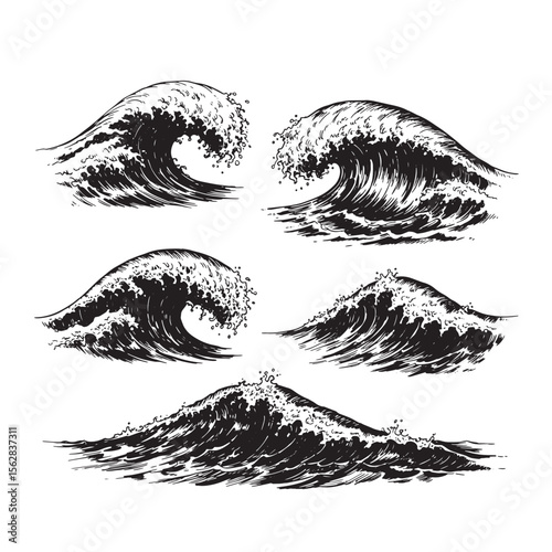 Set of hand drawn ocean wave illustrations in black and white with artistic details