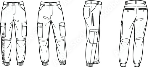 Technical flat sketch vector illustration of men’s cargo jogger pants with zipper pockets, knee panels, cuff hem, utility style fashion CAD