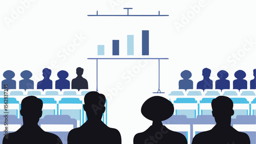 Illustration of a business presentation with a graph and an audience in a conference room setting view from back