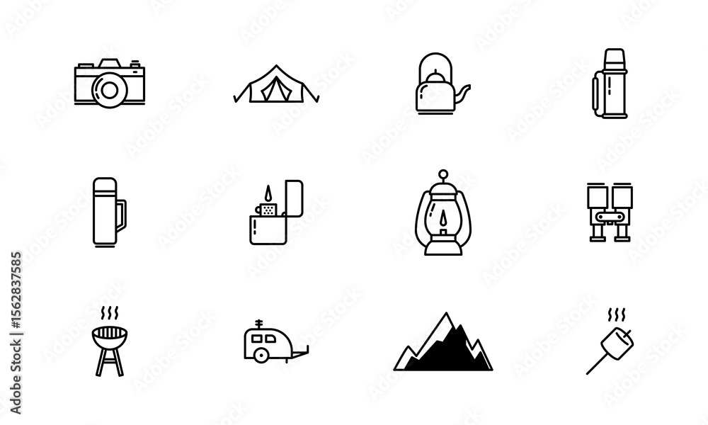 Fototapeta premium Vector cute icon set of hiking, camping, traveling equipment. vector black and white PNG outline icons.