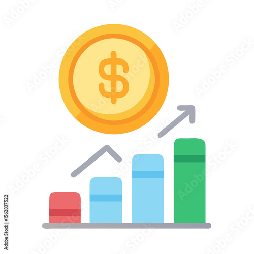 Stylized coin atop rising bar graph depicting business growth