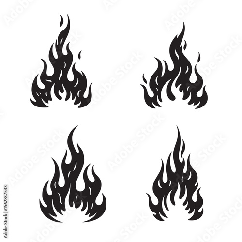 Set of stylized black fire flames on white background for graphic design and ornament