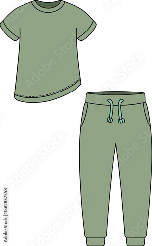 Green casual jogger set with short sleeve t-shirt and pants, comfortable stylish loungewear clothing, trendy everyday fashion wear design template