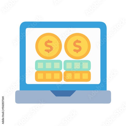 Laptop showing stacks of coins, representing online income