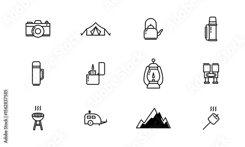 Vector cute icon set of hiking, camping, traveling equipment. vector black and white PNG outline icons.