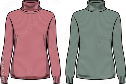 Women ribbed turtleneck long sleeve sweater flat sketch technical fashion CAD drawing vector template front and back view illustration