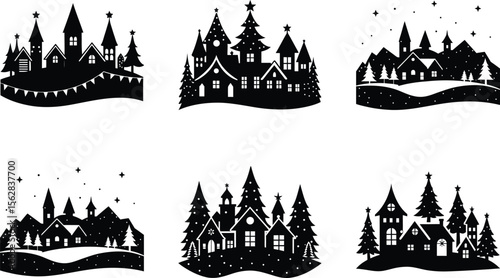 christmas village silhouette on white background
