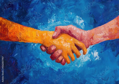 Two hands holding each other, oil painting, light blue background, orange and purple colors, abstract, simple.
