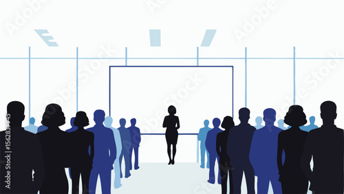 Silhouette of woman giving presentation to audience in front of large screen in bright conference room