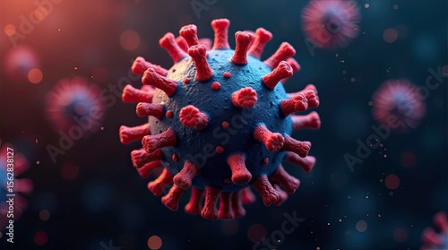 3D rendered close-up of a red and blue virus particle on a dark background