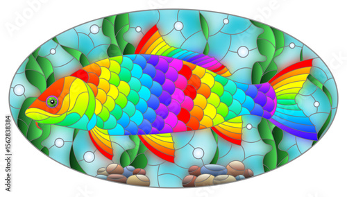 An illustration in stained glass style with an abstract rainbow carp fish on a background of algae