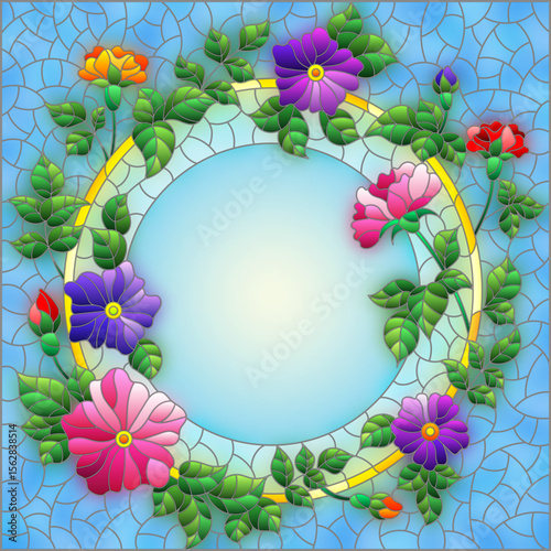 An illustration in the stained glass style with a frame with bright flowers on a blue background, rectangle image