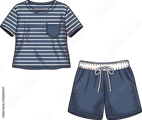 Blue striped t-shirt and shorts summer outfit, cozy comfortable casual wear, stylish fashionable clothing for outdoor activities, trendy apparel design template
