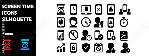 Screen Time Icons Silhouette Vector Set – Digital Usage, Device Monitoring and Parental Control Symbols
