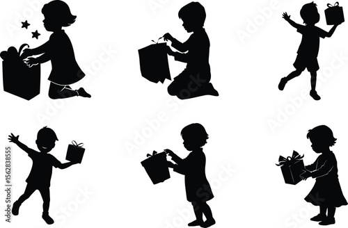 kid unwrapping gift silhouette on white background
