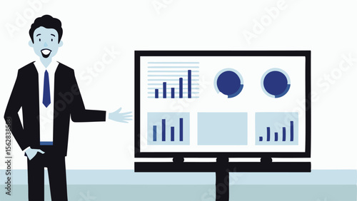 Man in suit presenting data charts and graphs on a screen with a confident and professional demeanor