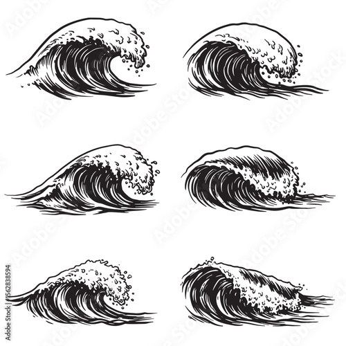 Vector illustration set of engraved ocean waves for design and ornament purposes