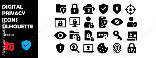 Digital Privacy Icons Silhouette Vector Set – Data Protection, Personal Security and Online Anonymity Symbols