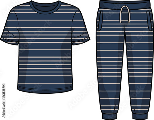 Unisex striped t-shirt and jogger pants loungewear set, cozy comfortable fashion, casual stylish outfit for home and outdoor activities