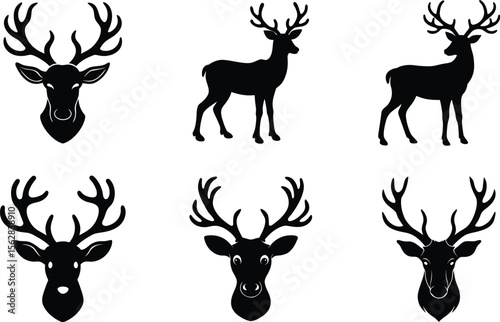 reindeer face with antlers silhouette on white background
