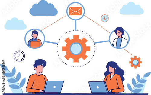 Diverse team collaborating remotely using laptops and cloud technology with gears and email icons symbolizing workflow and communication isolated on transparent background