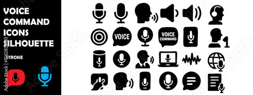 Voice Command Icons Silhouette Vector Set – Speech Recognition, Audio Activation and AI Listening Tools Symbols