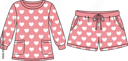 Women’s pink heart pattern pajama set with long sleeve shirt and shorts, cozy sleepwear, cute comfortable nightwear fashion clothing design