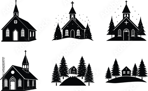 snowy chapel silhouette on white background
