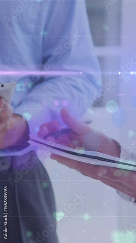 Animation of financial data processing over working business people