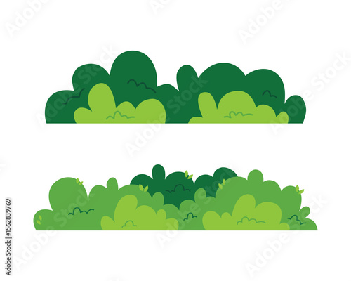 Two stylized illustrations of vibrant green bushes against a white background.