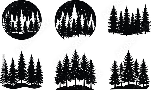 winter pine forest silhouette on white background
