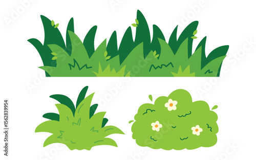Illustration showing various stylized green grass and bush elements, isolated.