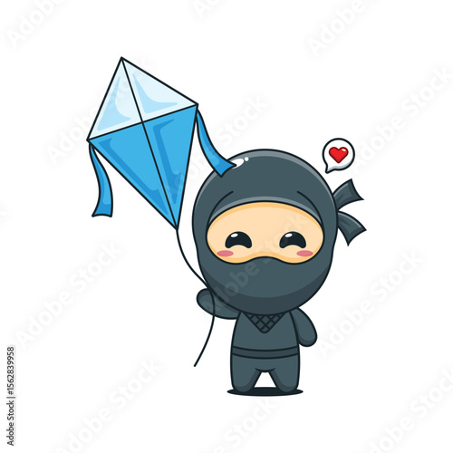 Cute ninja playing kite cartoon vector illustration