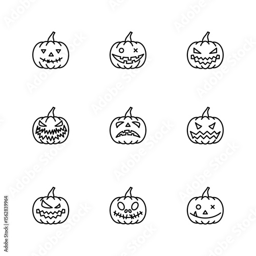 Vector icon set cute scary halloween pumpkin. vector icon black white PNG outline.