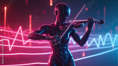 Futuristic female android playing a violin with neon waveforms in the background