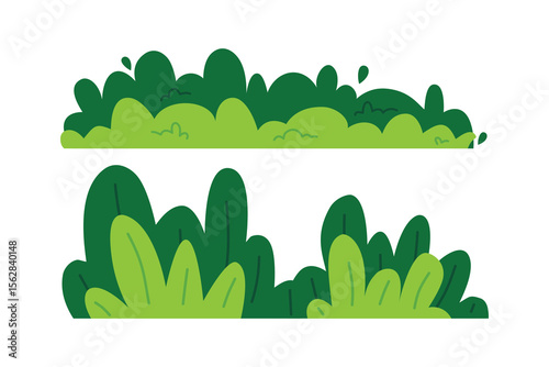Two stylized illustrations of green bushes, showcasing different shapes and shades.