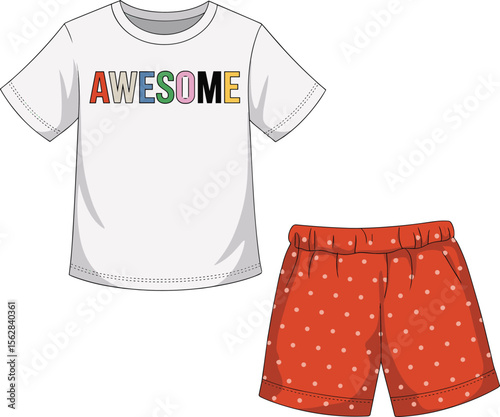 Kids pajama set with red polka dot shorts and AWESOME print shirt, colorful summer sleepwear, comfortable bedtime clothing fashion illustration template