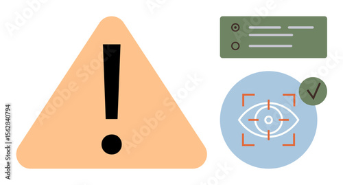 Exclamation mark in orange triangle, eye in focus zone with checkmark, checklist. Ideal for security, surveillance, warning, alert, task management, risk assessment simple flat metaphor