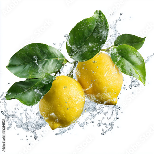 Yellow Lemons and Green Leaves Splashing into Water white background