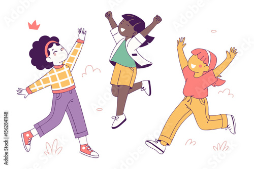 Joyful Trio: Delightful illustration of three children reveling in boundless joy, leaping and reaching for the sky, radiating happiness and innocence.